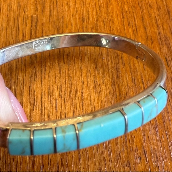 Blue Turquoise Southwestern Navajo Sterling Silver Inlay Bracelet - Picture 5 of 17